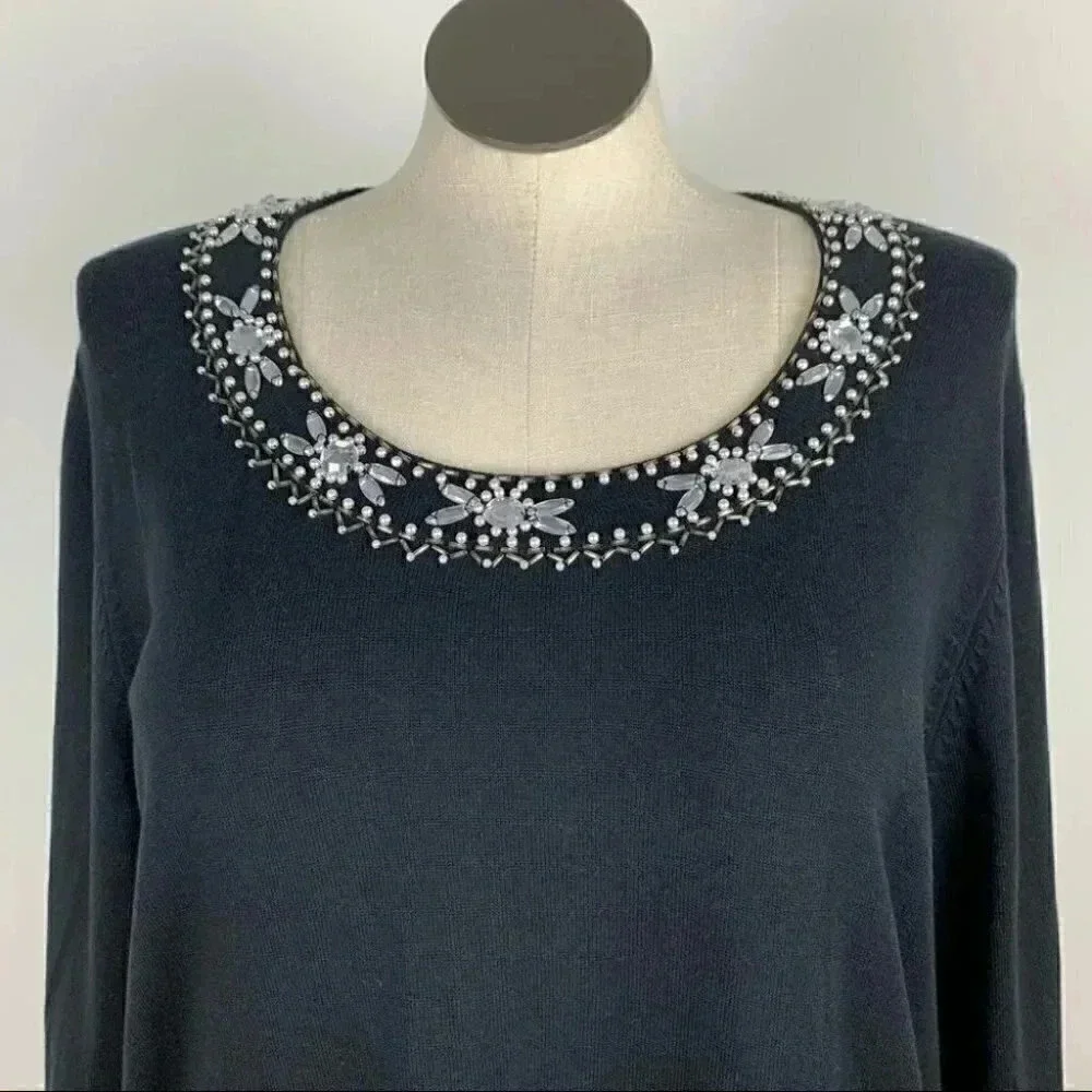 New Bob Mackie womens wearable art knit sweater size XL black beaded